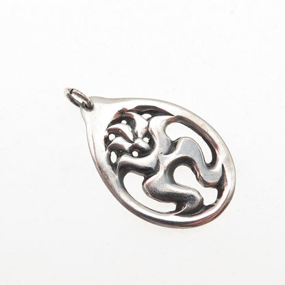 925 Sterling Silver Vintage Modernist Floral Teardrop Oxidized Charm Pendant