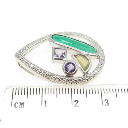 925 Sterling Silver Real Diamond Accent Green Onyx Amethyst Citrine Gem Pendant