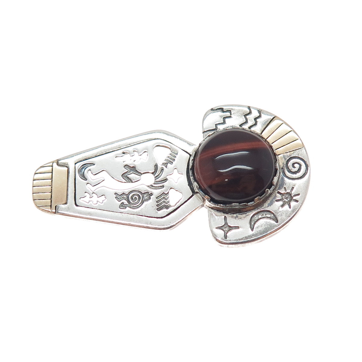 CAROLYN POLLACK R TENORIO Old Pawn 14K Gold Silver Vintage Tiger Eye Pin Pendant