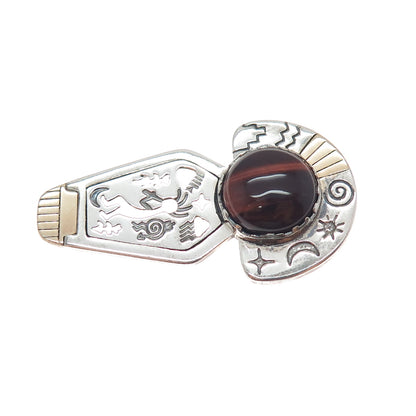 CAROLYN POLLACK R TENORIO Old Pawn 14K Gold Silver Vintage Tiger Eye Pin Pendant
