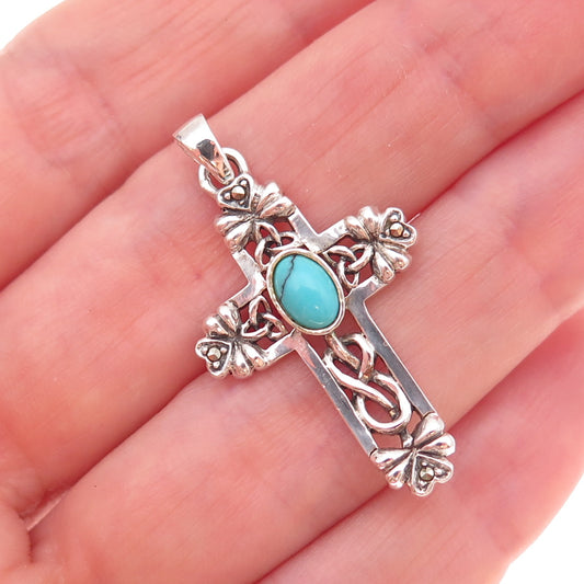 Solvar 925 Sterling Silver Vintage Ireland Turquoise & Marcasite Cross Pendant