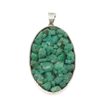 925 Sterling Silver Vintage Real Emerald Cluster Modernist Oval Pendant