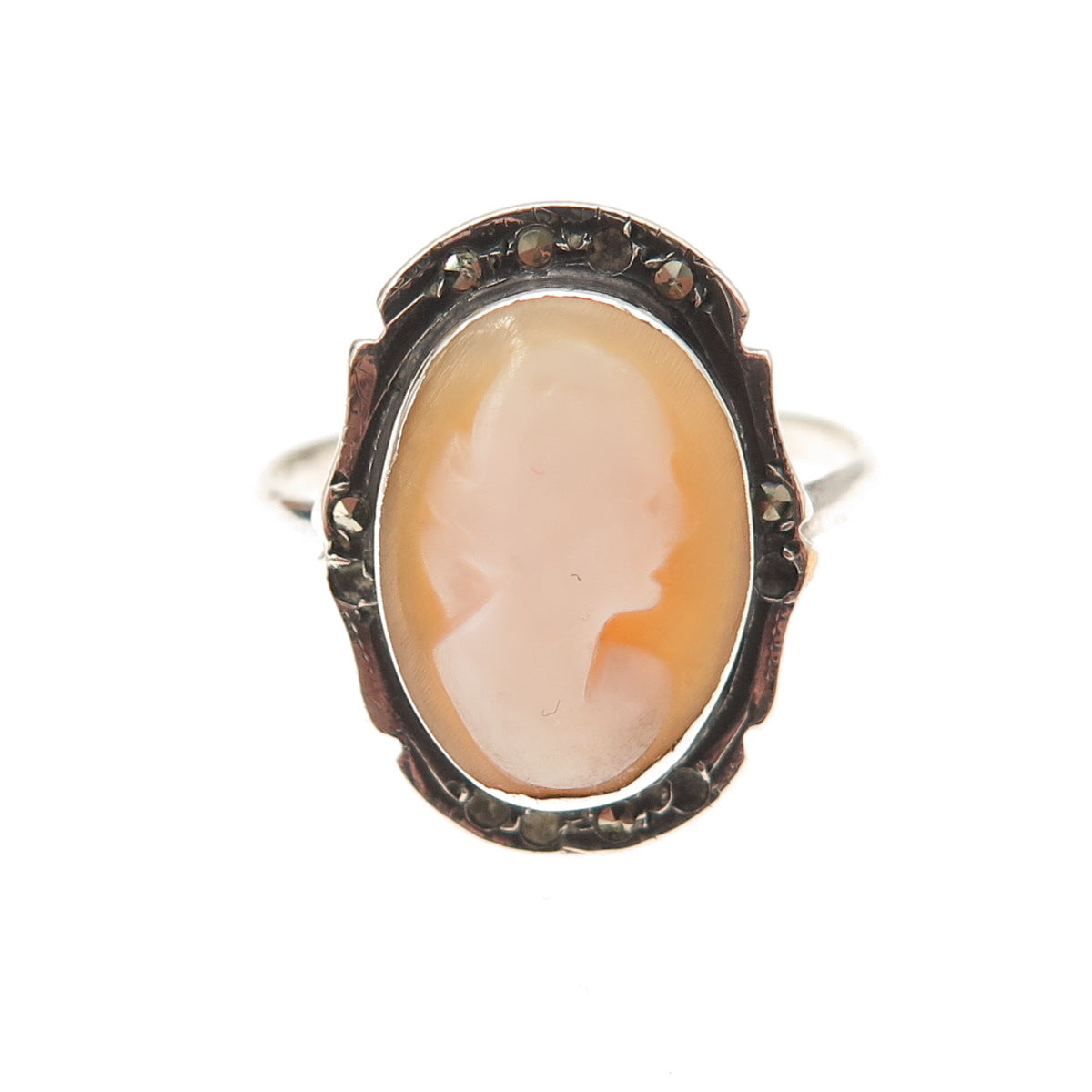 925 Sterling Antique MOP Marcasite Lady Cameo Ring Size 7.25 (missing 6 stones)