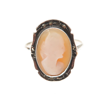 925 Sterling Antique MOP Marcasite Lady Cameo Ring Size 7.25 (missing 6 stones)