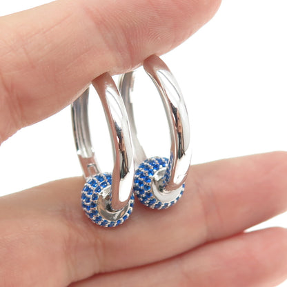 925 Sterling Silver Round-Cut Blue C Z Charm Hoop Earrings