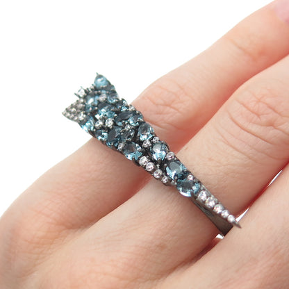 925 Sterling Black Rhodium Real Apatite & C Z Adjustable Two Finger Ring Size 6