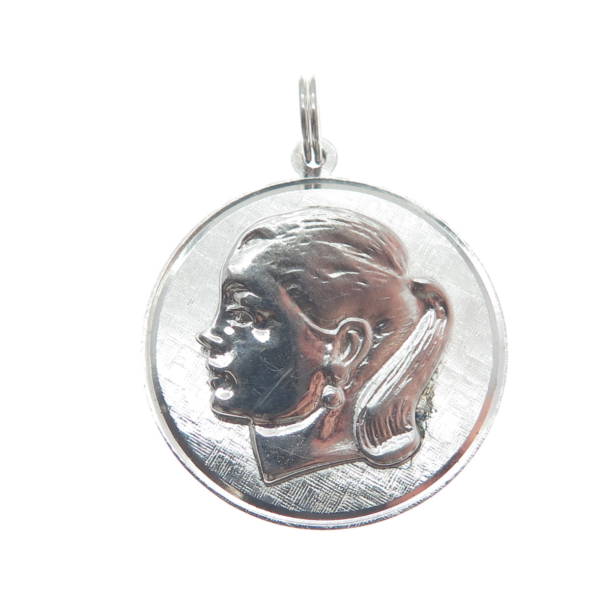 925 Sterling Silver Vintage Girl's Face Profile Round Charm Pendant