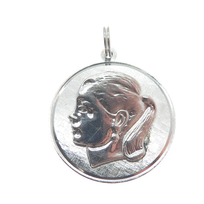 925 Sterling Silver Vintage Girl's Face Profile Round Charm Pendant