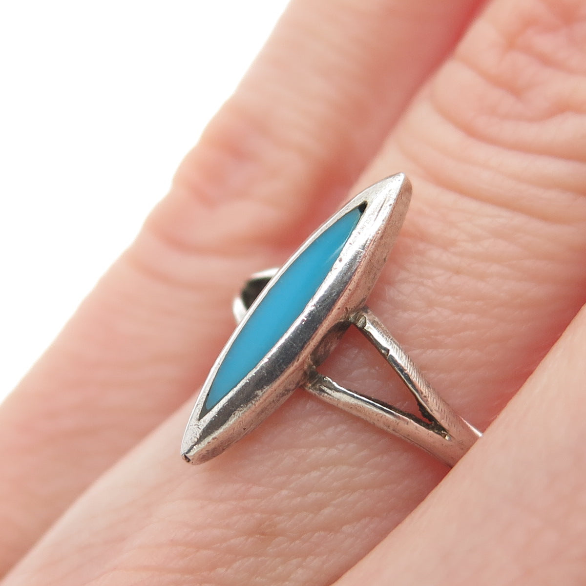 Old Pawn 925 Sterling Vintage Southwestern Real Turquoise Oxidized Ring Size 5