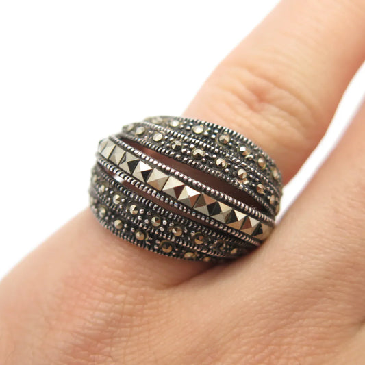 925 Sterling Silver Vintage Real Marcasite Gem Striped Domed Ring Size 6