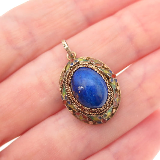 925 Sterling Silver Gold Plated Vintage Enamel Real Lapis Floral Charm Pendant