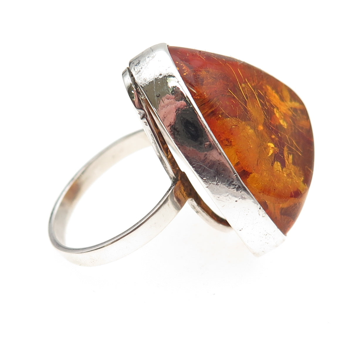 925 Sterling Silver Vintage JB Poland Real Amber Modernist Oxidized Ring Size 8