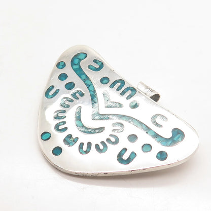 925 Sterling Silver Vintage Mexico Taxco Turquoise Gem Inlay Tribal Pin Brooch