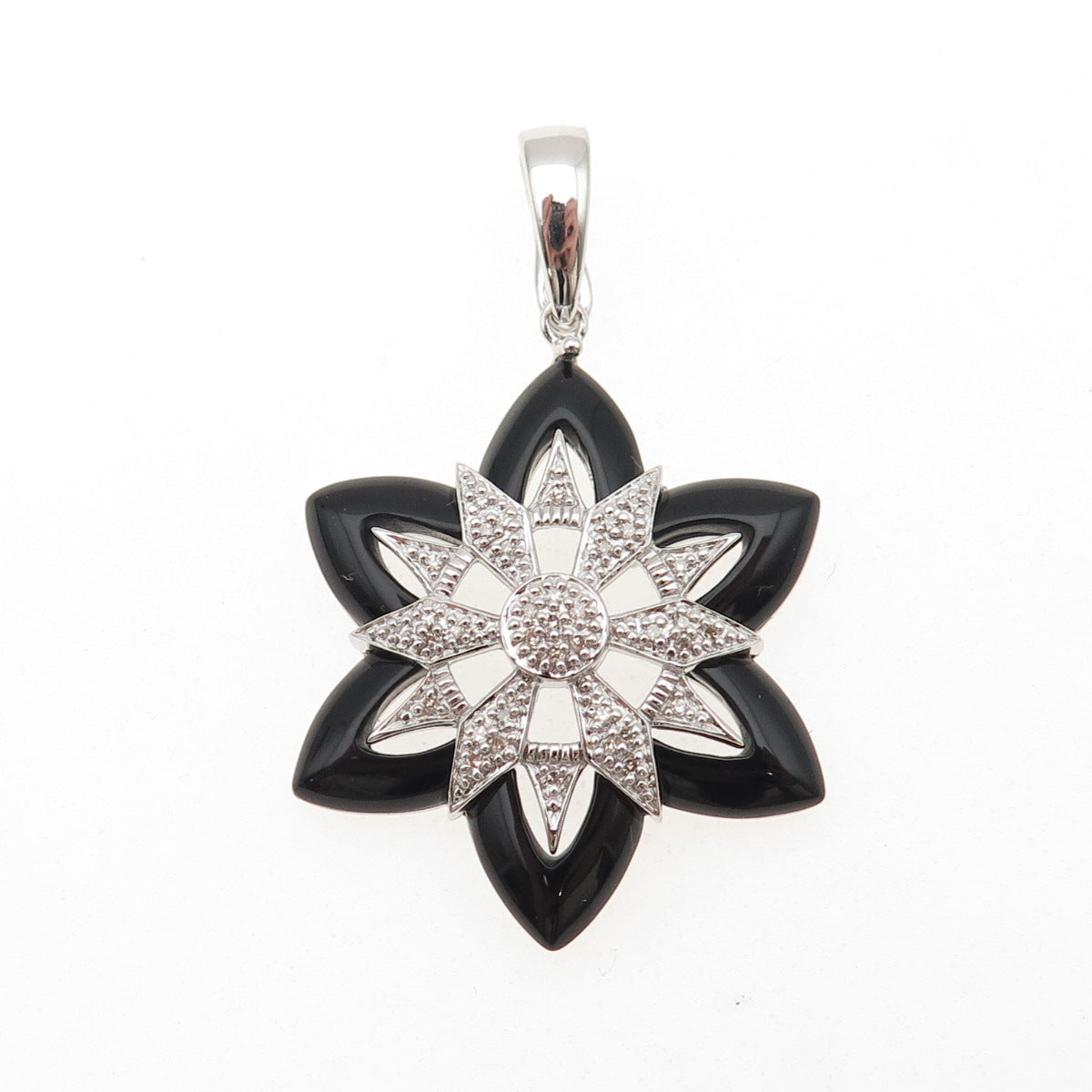 925 Sterling Silver Real Diamond & Black Onyx Floral Charm Pendant