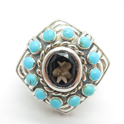 925 Sterling Silver Real Smoky Quartz & Turquoise Gemstone Ethnic Ring Size 6