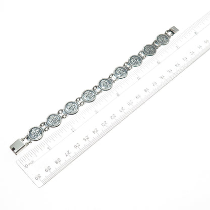 925 Sterling Silver Vintage Mexico Aztec God Oxidized Coin Link Bracelet 7"