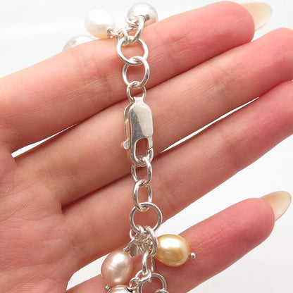 925 Sterling Silver Vintage Real Pearl Smoky Quartz Amethyst Gem Bracelet 7.25"