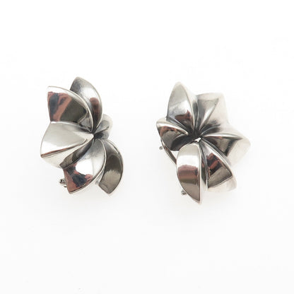 925 Sterling Silver Vintage Modernist Floral Oxidized Omega Back Earrings