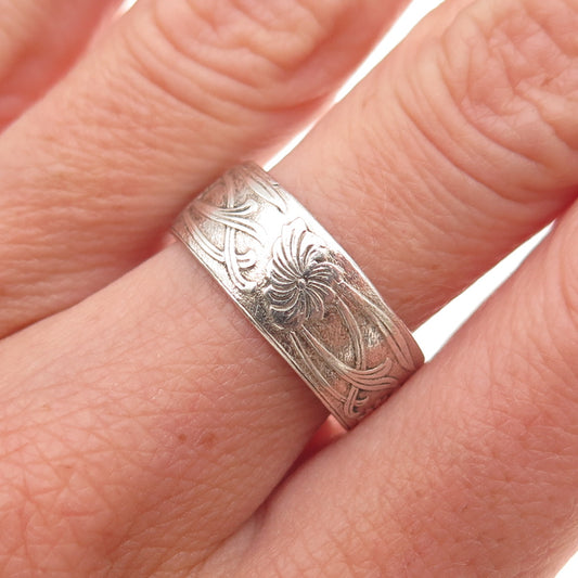 925 Sterling Silver Vintage Floral Oxidized Band Ring Size 8