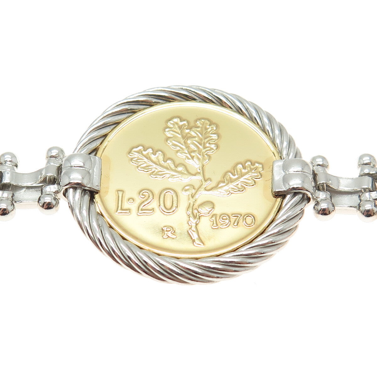 DASAN INC Sterling Vintage Italy "20 Lira 1970 Coin" Magnetic Lock Bracelet 7"