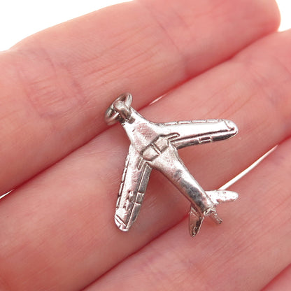 925 Sterling Silver Vintage Airplane Oxidized 3D Charm Pendant