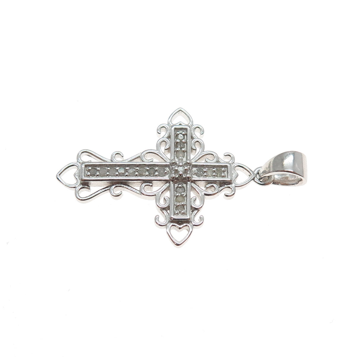 HAN 925 Sterling Silver Real Round-Cut Diamond Cross Charm Pendant