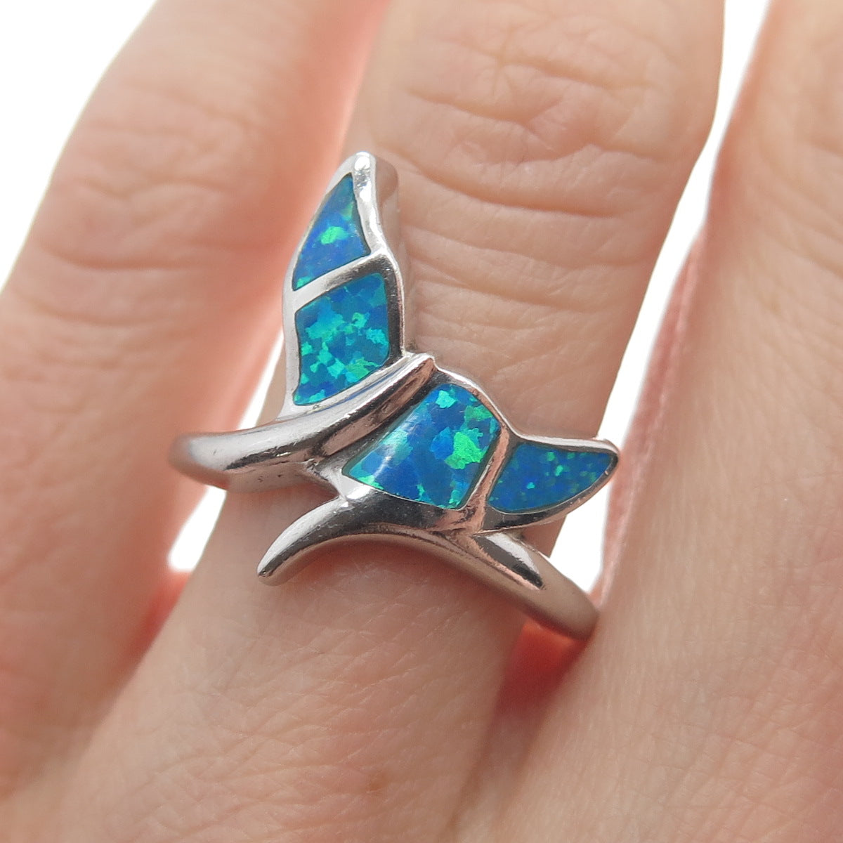 925 Sterling Silver Real Blue Opal Gemstone Whale's Tail Ring Size 6