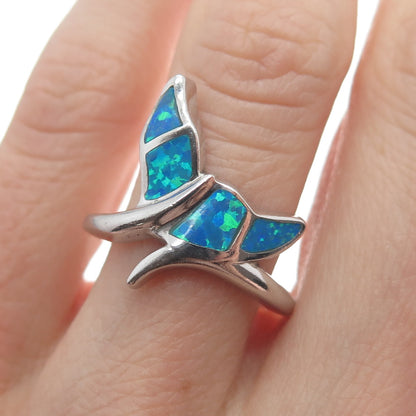 925 Sterling Silver Real Blue Opal Gemstone Whale's Tail Ring Size 6