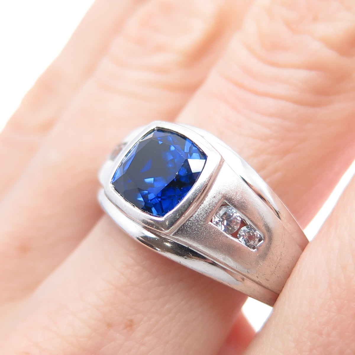 JH YOUNG 925 Sterling Silver Lab-Created Sapphire Real White Topaz Ring Size 11