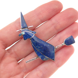 980 Silver Vintage Real Lapis Turquoise Witch & Broomstick Pin Brooch / Pendant