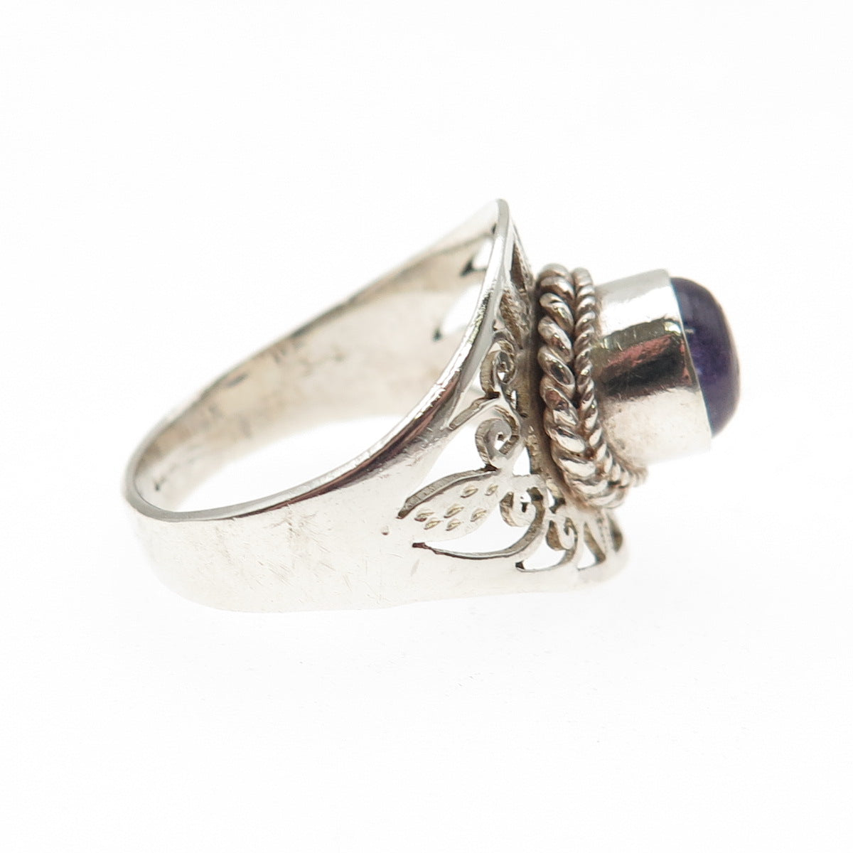 925 Sterling Silver Vintage Real Amethyst Modernist Sun Ring Size 7.75