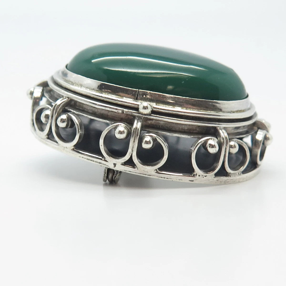 925 Sterling Silver Antique Mexico Real Green Onyx Gem Oval Locket Pin Brooch