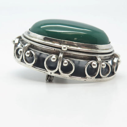 925 Sterling Silver Antique Mexico Real Green Onyx Gem Oval Locket Pin Brooch