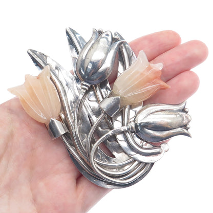 925 Sterling Silver Vintage Mexico Real Carved Agate Tulip Oxidized Pin Brooch