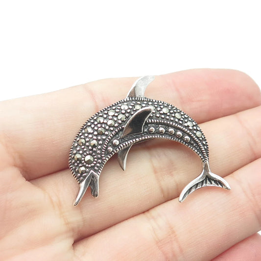 925 Sterling Silver Vintage HAN Real Marcasite Gemstone Dolphin Pin Brooch