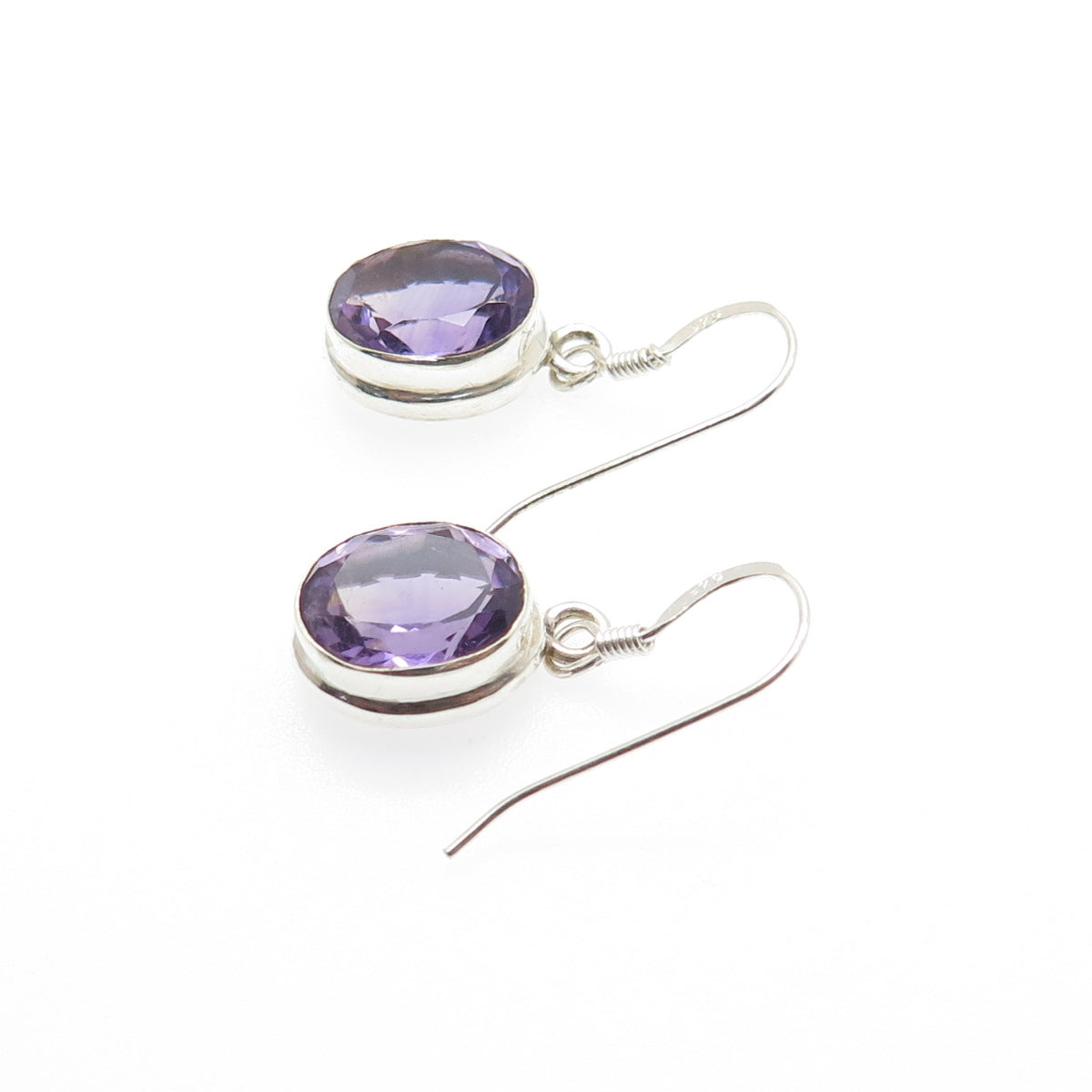 925 Sterling Silver Vintage Real Oval-Cut Amethyst Dangle Earrings