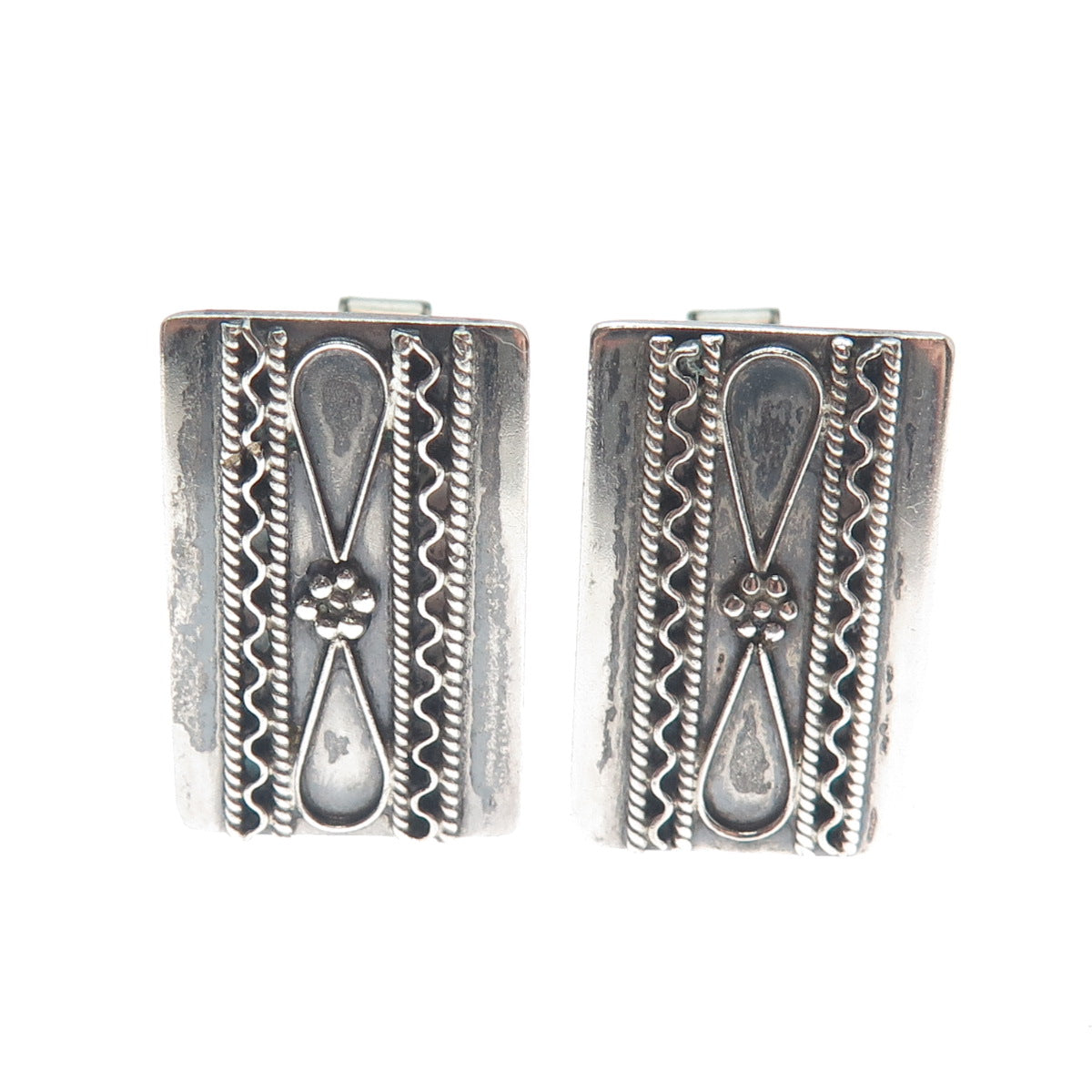 925 Sterling Silver Vintage Israel Modernist Flower Oxidized Cufflinks
