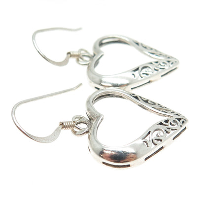 925 Sterling Silver Vintage Swirl Open Heart Dangling Earrings