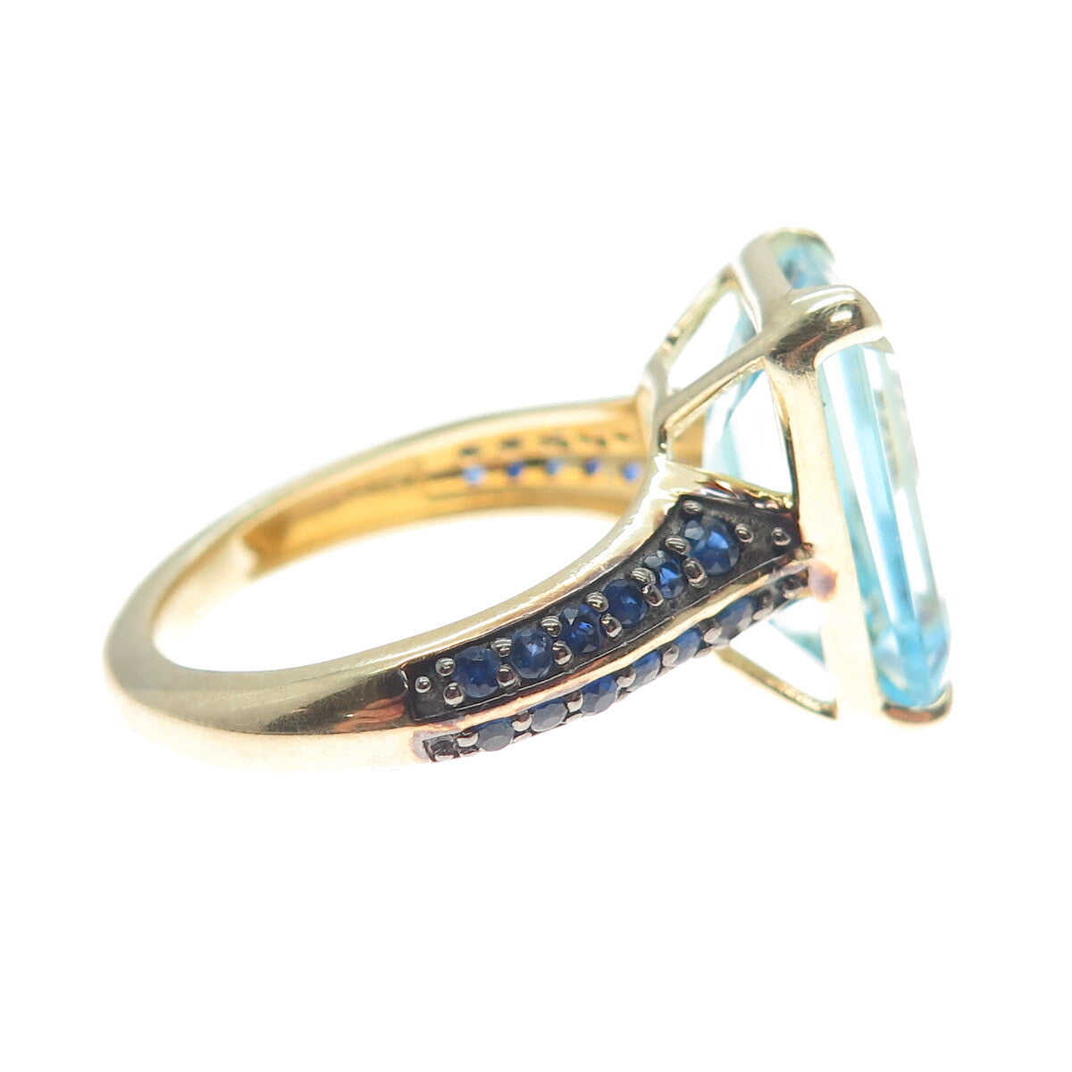 DSMK 925 Sterling Silver Gold Plated Real Blue Topaz & Sapphire Ring Size 7.25