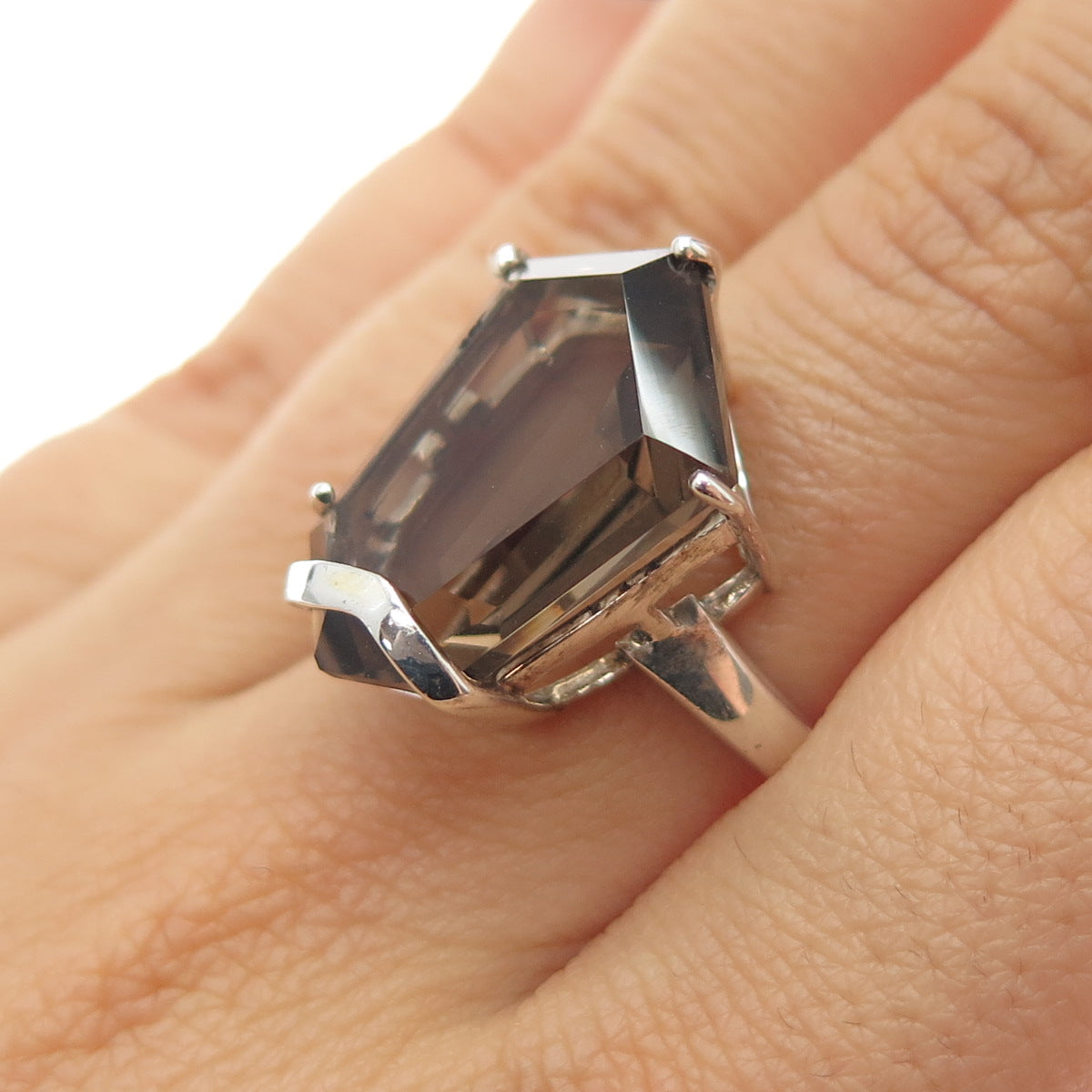 925 Sterling Silver Vintage Real Smoky Quartz Modernist Ring Size 7