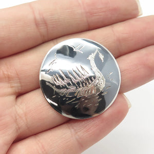 925 Sterling Silver Vintage Siam Niello Boat / Ship Round Pin Brooch