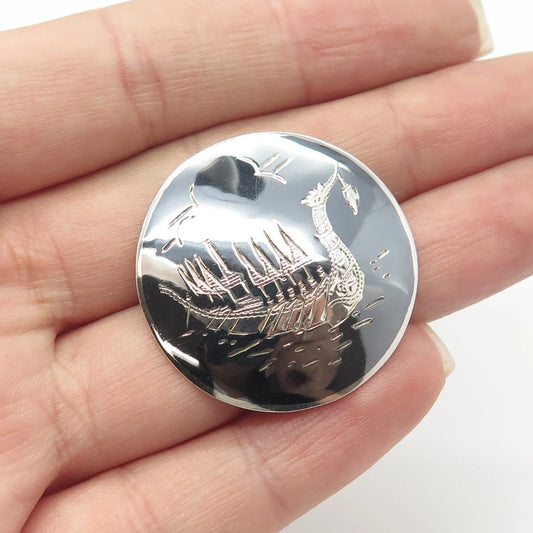 925 Sterling Silver Vintage Siam Niello Boat / Ship Round Pin Brooch