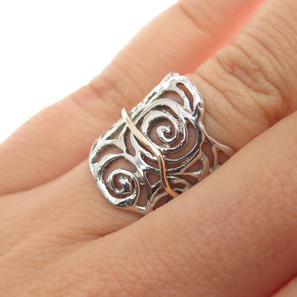 925 Sterling Silver 2-Tone Vintage Modernist Rose Flower Ring Size 7.25