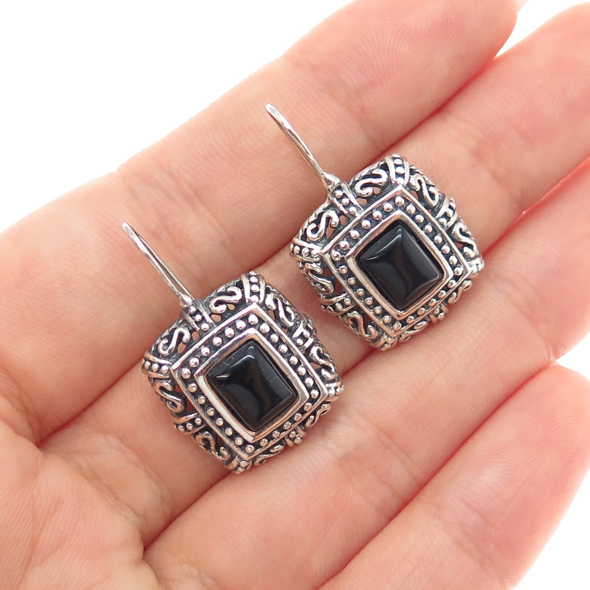 925 Sterling Silver Vintage Real Black Onyx Ornate Oxidized Dangle Earrings