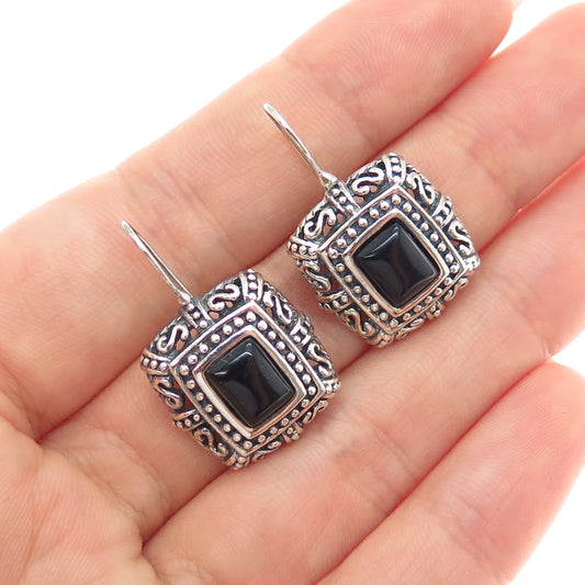 925 Sterling Silver Vintage Real Black Onyx Ornate Oxidized Dangle Earrings