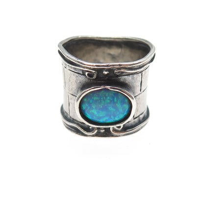 925 Sterling Silver Vintage Real Opal Modernist Oxidized Ring Size 6.25