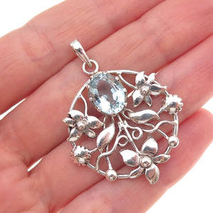 925 Sterling Silver Vintage Real Blue Topaz Floral Oxidized Charm Pendant