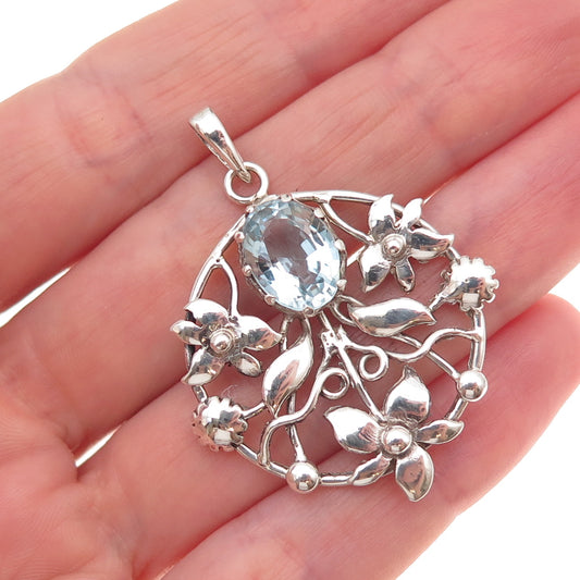 925 Sterling Silver Vintage Real Blue Topaz Floral Oxidized Charm Pendant