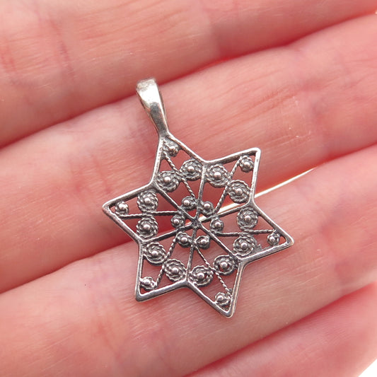 925 Sterling Silver Vintage Israel Star of David Filigree Oxidized Charm Pendant