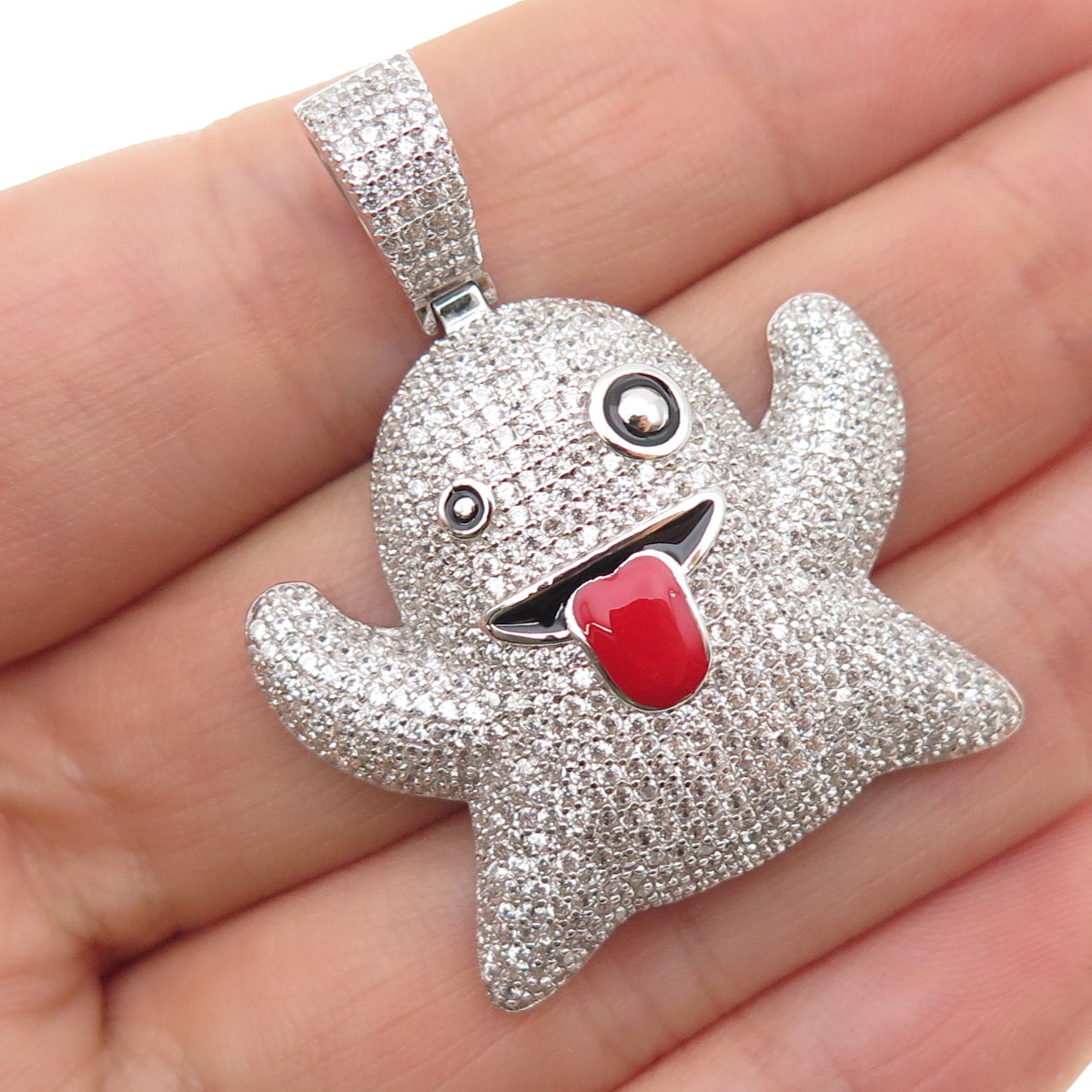 925 Sterling Silver Enamel Round-Cut C Z Ghost Emoji Charm Pendant